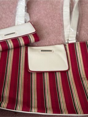 Longaberger Red, Cream and Green Striped Tote Bag